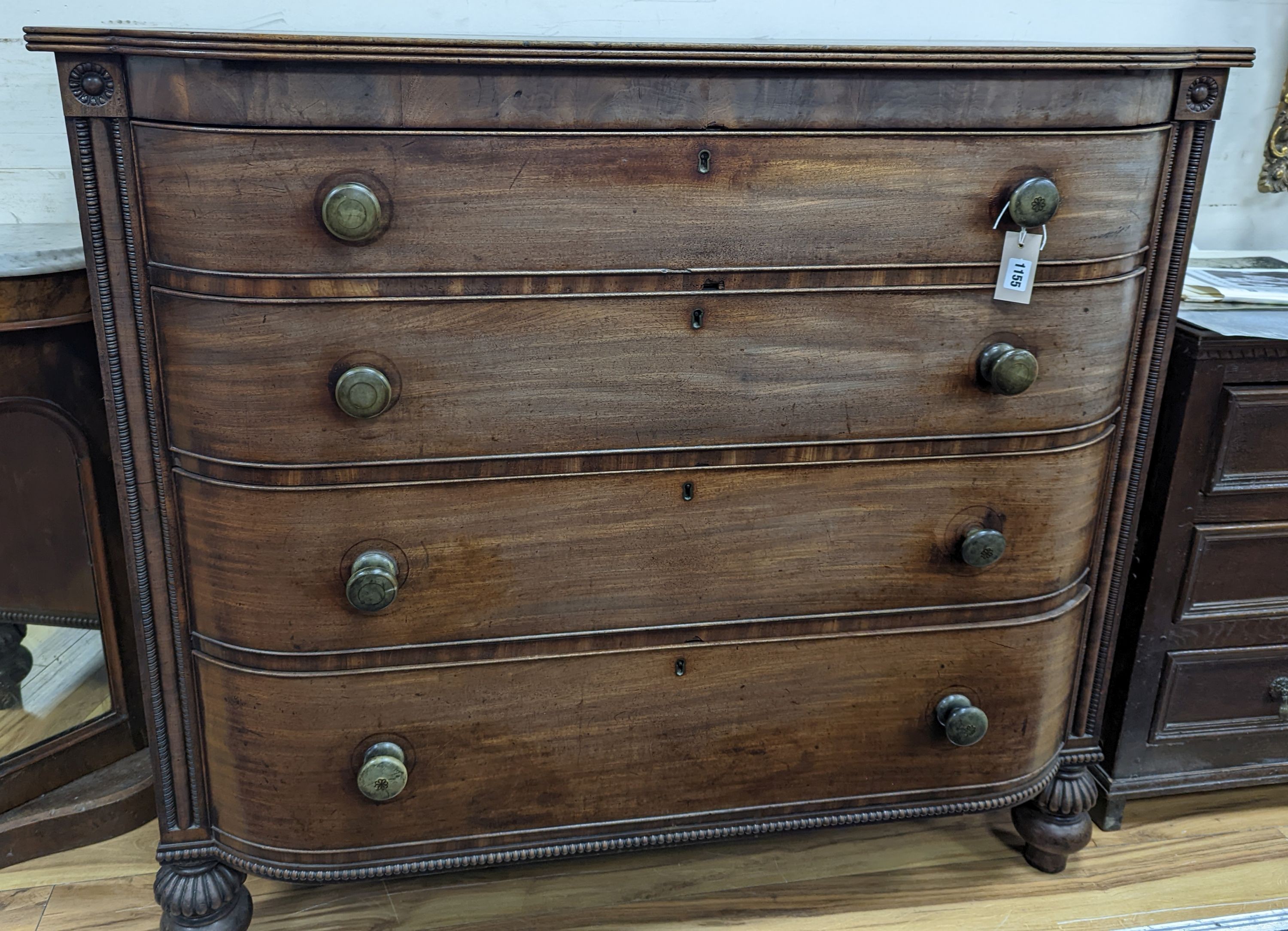 A William IV Scottish mahogany bow front chest of drawers, width 121cm, depth 57cm, height 109cm